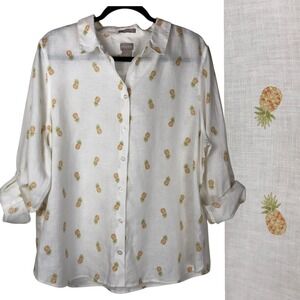 Chico's Womens 100% Linen No Iron Pineapple Printed Button Down Shirt Size 16/18